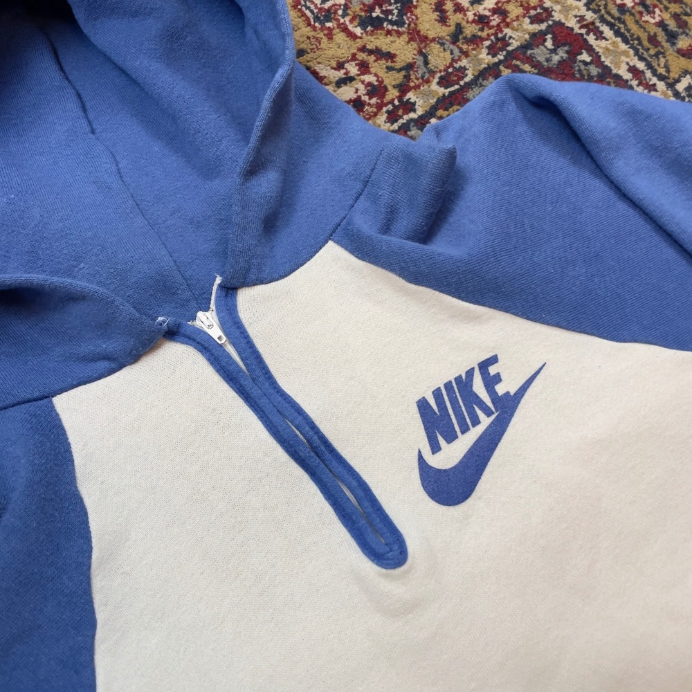 VTG Rare 70s Nike Orange Tag Cotton Quarter Zip Raglan Hoodie USA M White Blue - Picture 3 of 9